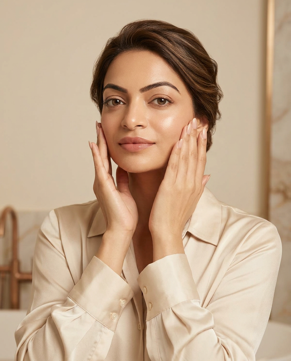A woman performing a gentle facial sculpting ritual